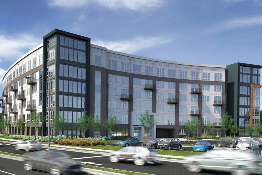 Rendering of Passport building featuring access control systems, video surveillance systems, video intercom entry systems, and audiovisual (AV) systems.