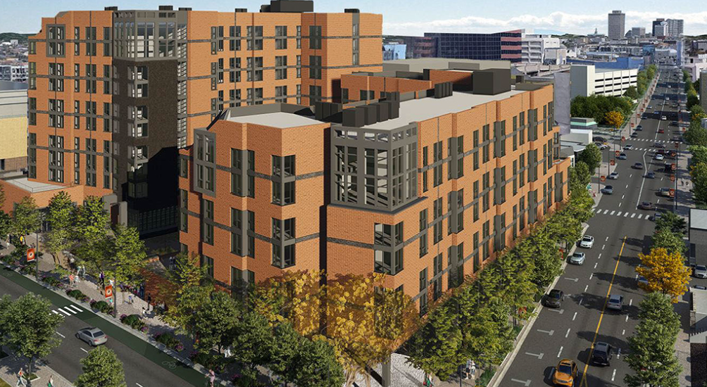 Rendered view of The Broadview at Vanderbilt graduate housing community showcasing AV and electronic security systems delivered under a design/build contract.