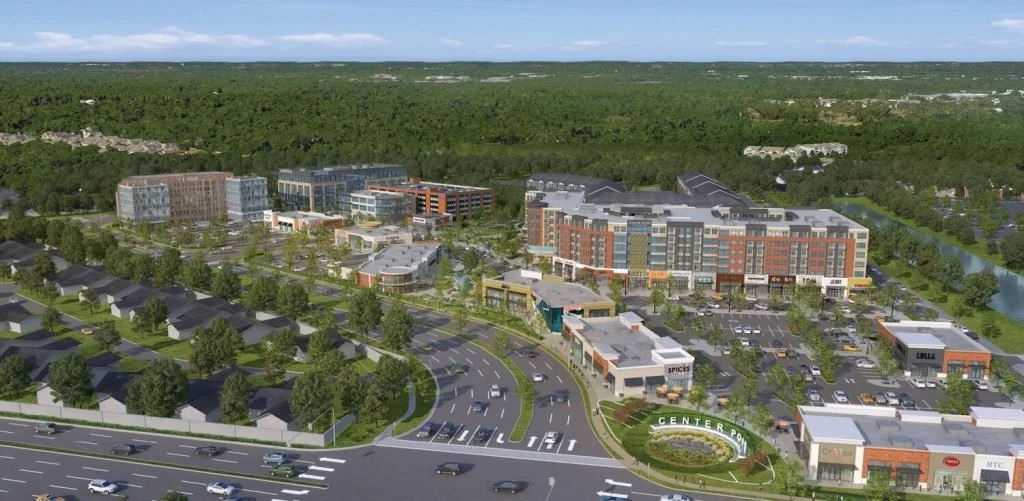Aerial rendering of the Center Point mixed-use development featuring technology master planning.