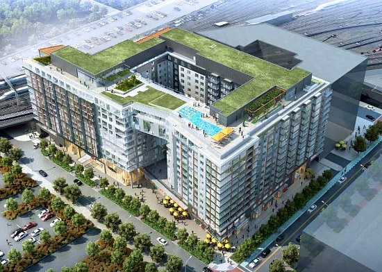 Architectural rendering of Storey Park Apartments and Hotel in Washington, DC featuring design and build of AV, security, WiFi, and telecom systems.