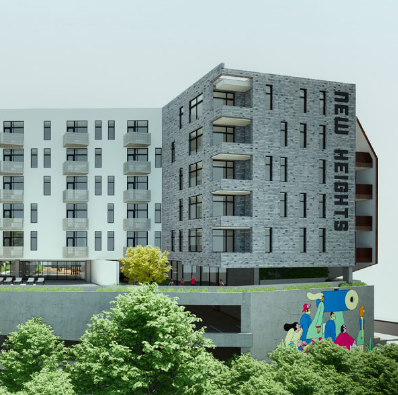 Rendered view of the 6th & Oak Class A multifamily building showcasing design and installation of integrated technology systems.