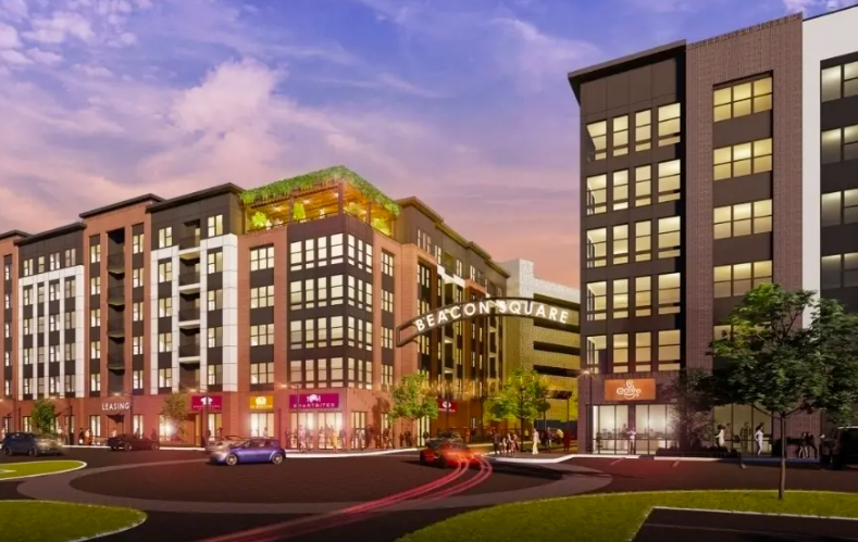 Rendering of Beacon Square showcasing completed audiovisual (AV) systems, security systems, and design/build services for advanced building technology and integrated solutions.