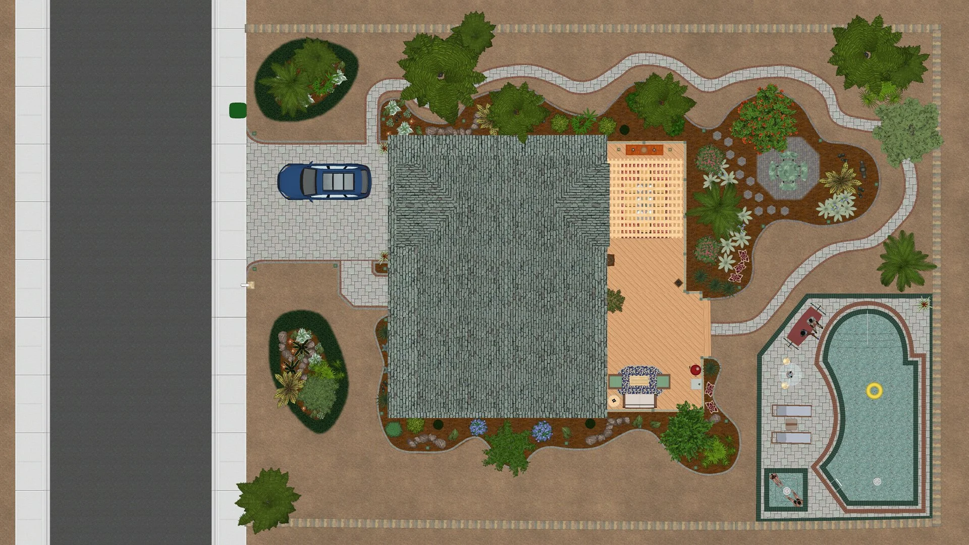 Top-down view of a backyard with a house, a driveway with a blue car, landscaped gardens, a patio with outdoor furniture, a swimming pool with a person and a floating ring.