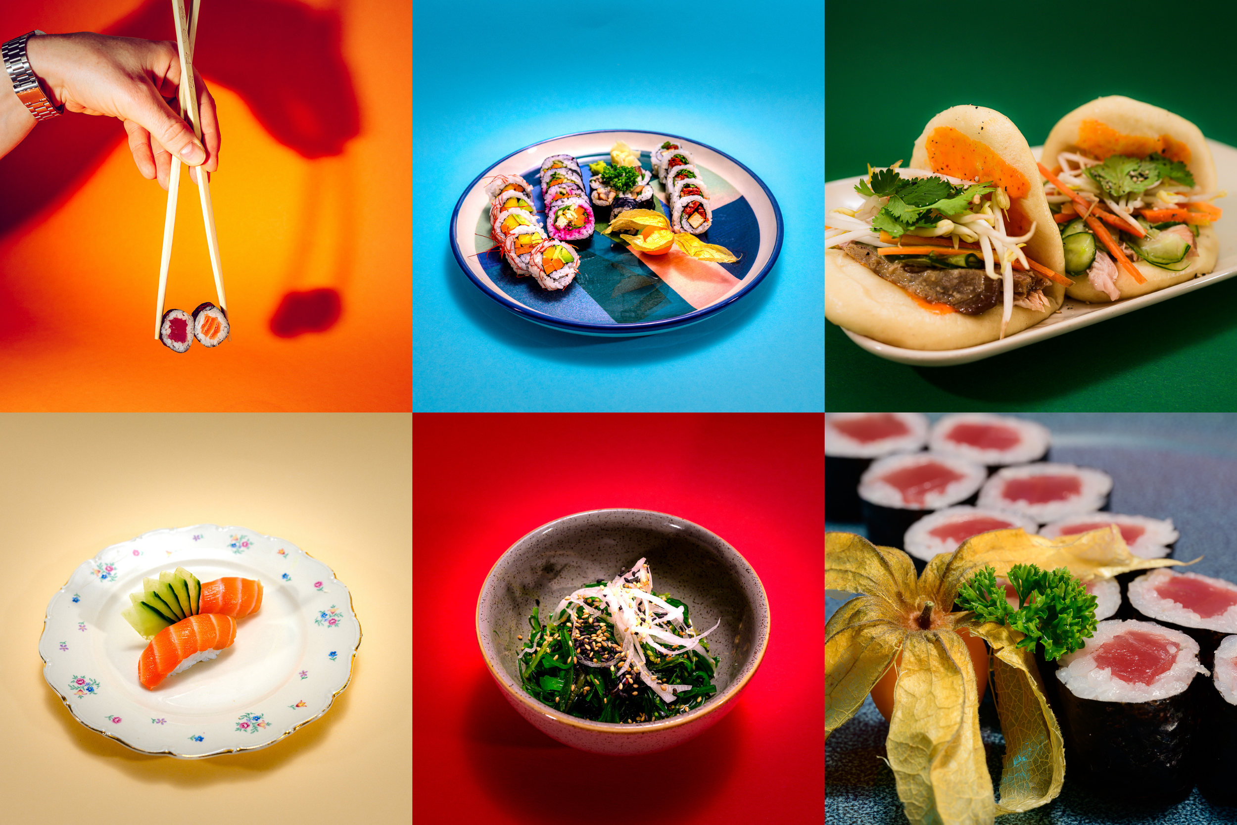 Photos de sushis, nigiri, hossomaki, bao buns et baguettes.