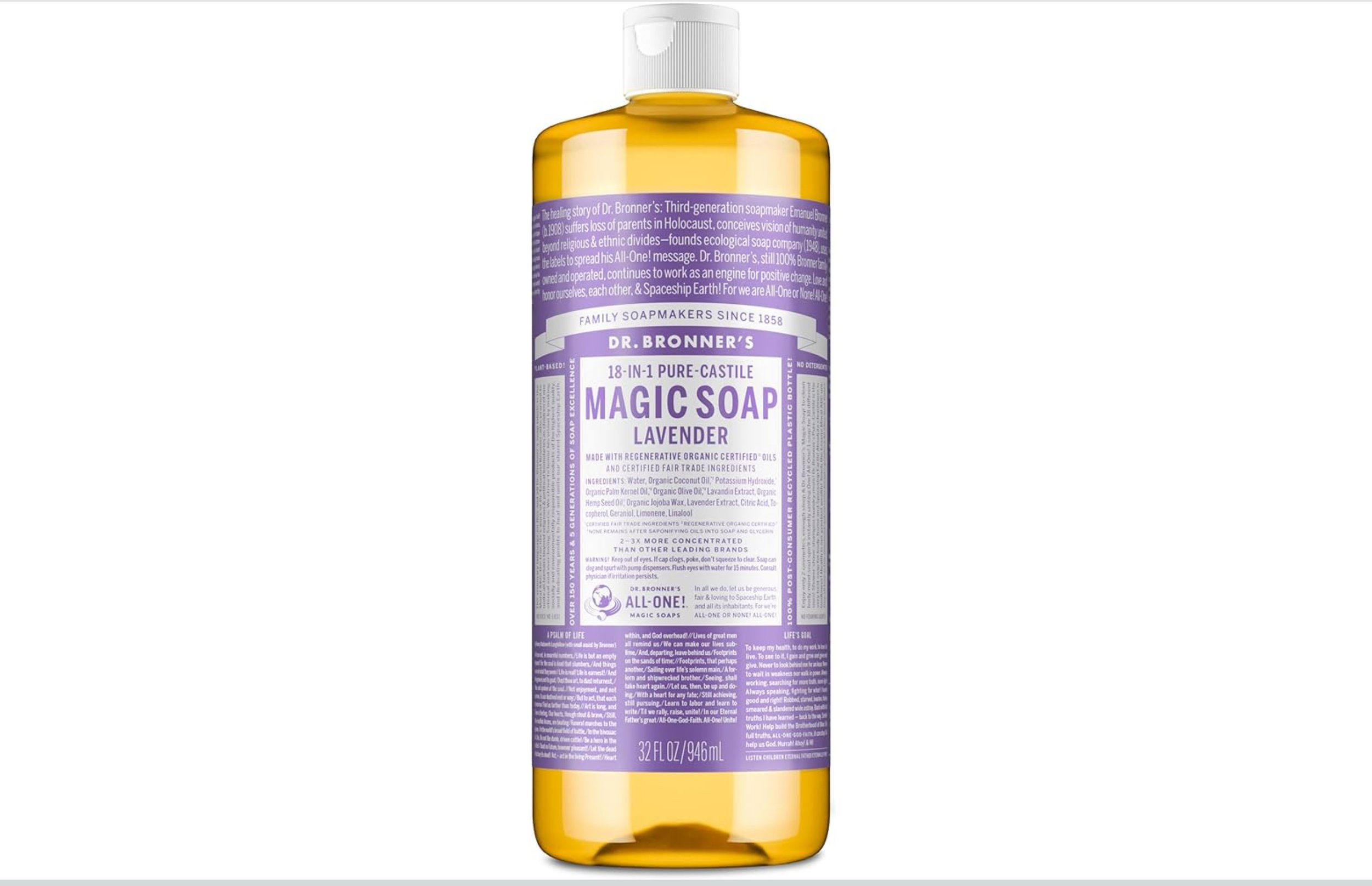 Dr. Bronner's - Pure-Castile Liquid Soap (Lavender, 32 ounce) - Made with Organic Oils, 18-in-1 Uses: Face, Body, Hair, Laundry, Pets and Dishes, Concentrated, Vegan, Non-GMO