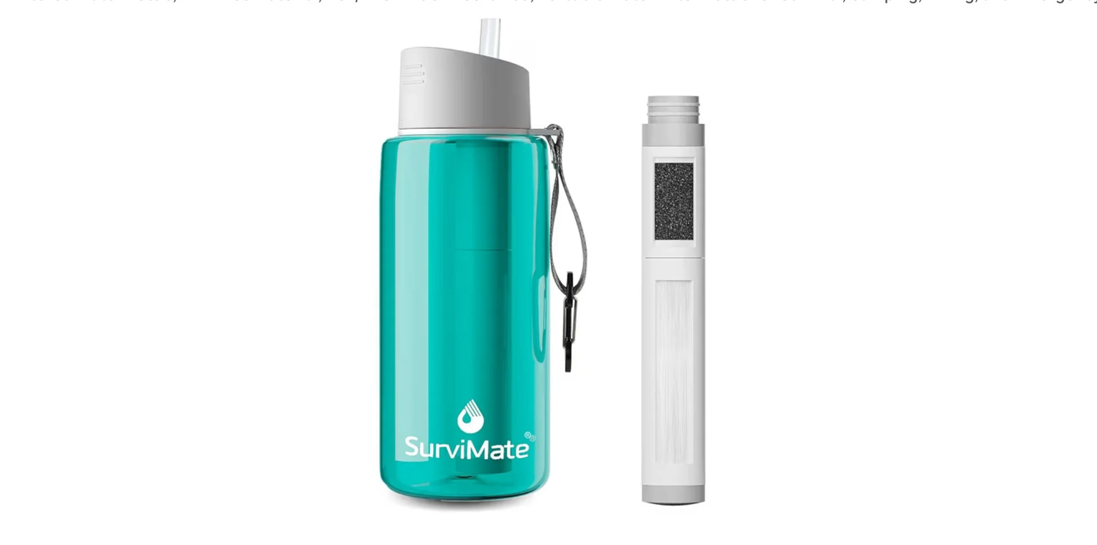 SurviMate 5-Stage 0.01μm Ultra-Filtration Filtered Water Bottle, BPA-Free Material, NSF/ANSI 42&372 Certified, Portable Water Filter Bottle for Survival, Camping, Hiking, and Emergency Use