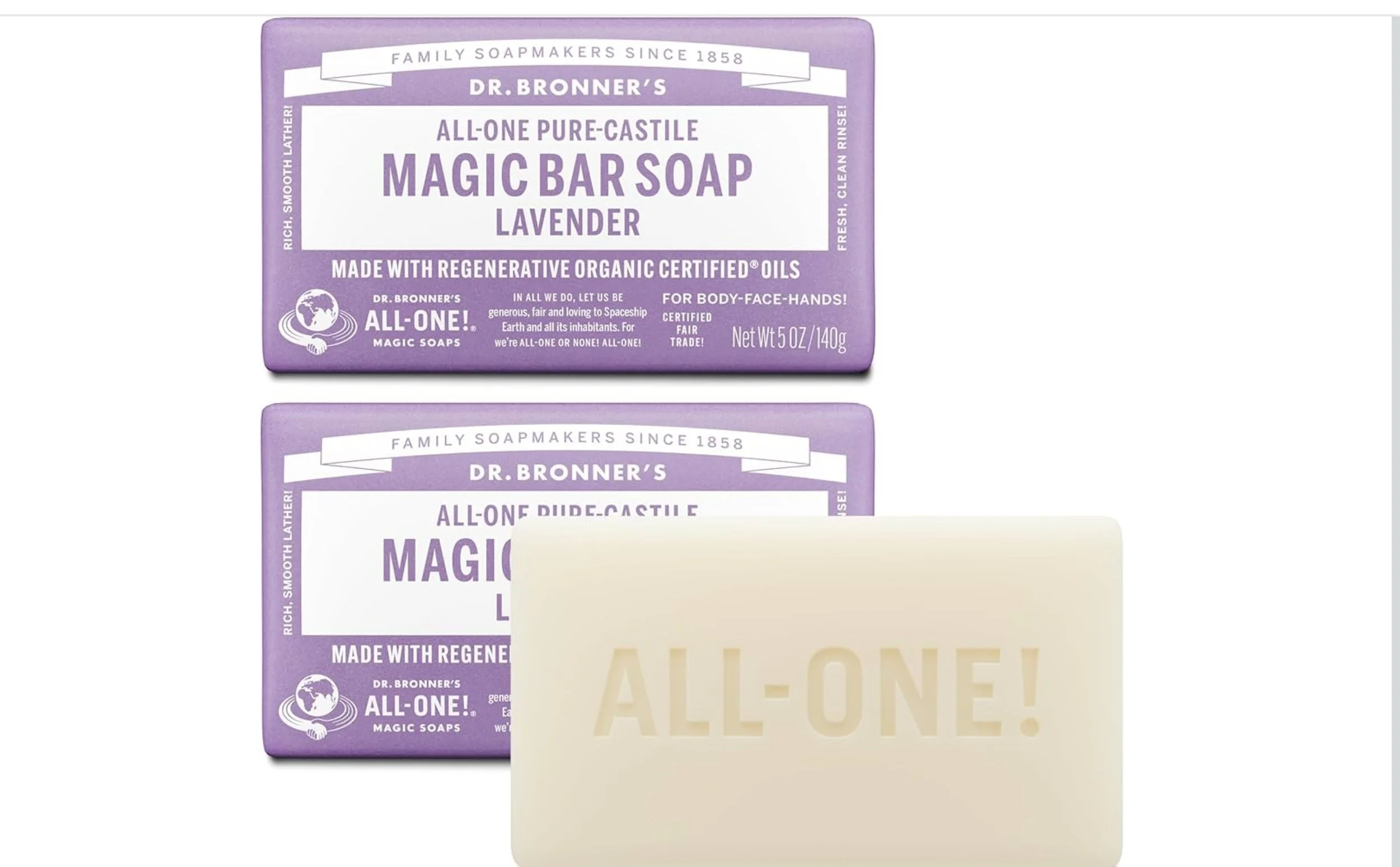 Dr. Bronner's Pure-Castile Magic Bar Soap - Made with Regenerative Organic Certified Oils - For Face, Body, Hair- Gentle on Sensitive Skin - Vegan Soap Bars for Men & Women - Lavender, 2 Pack, 5oz