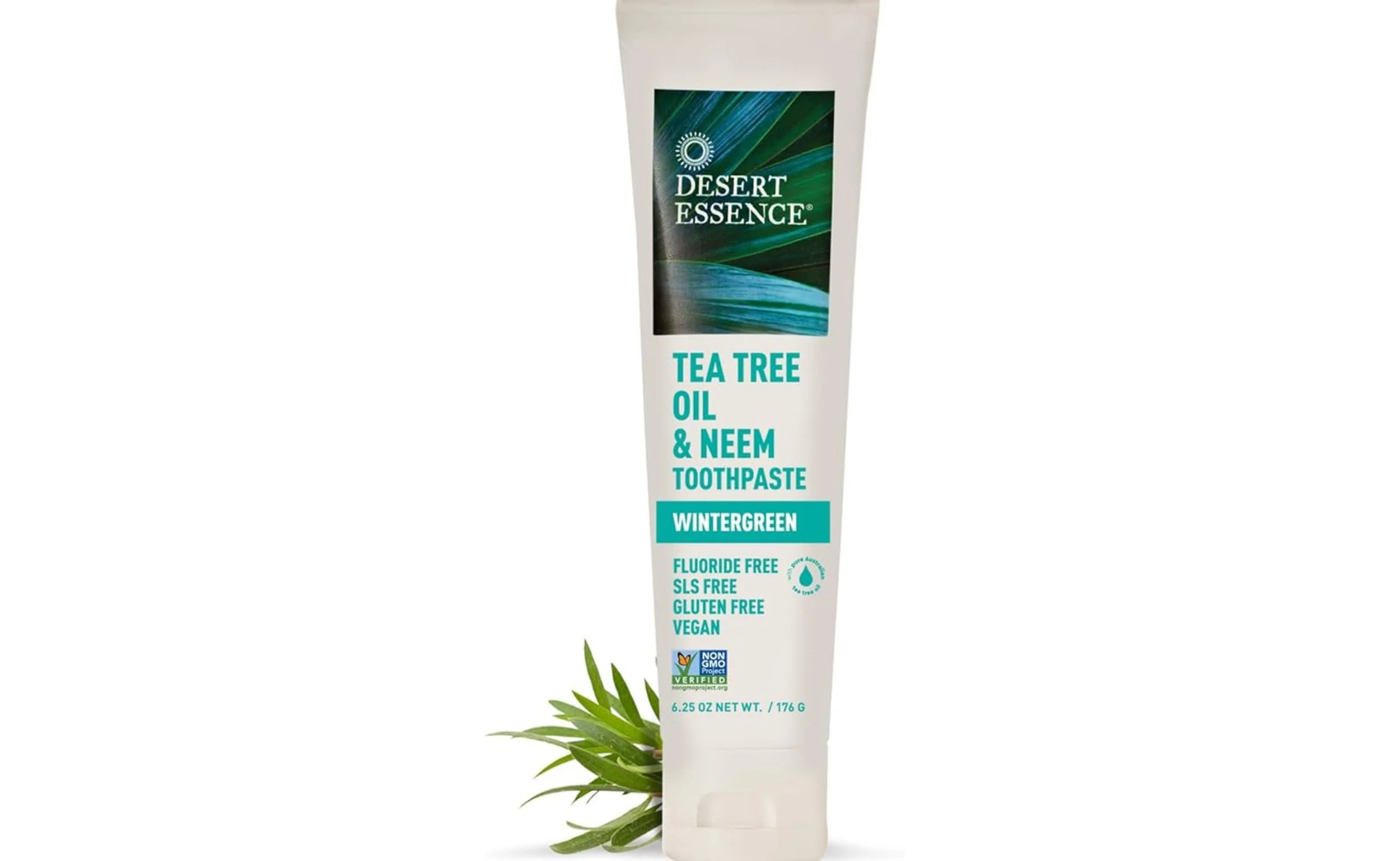 Desert Essence Tea Tree Oil & Neem Toothpaste - Fluoride-Free, Gluten-Free, SLS Free Formula - Vegan, Herbal Toothpaste for Plaque Reduction - Wintergreen Flavor, 6.25 oz