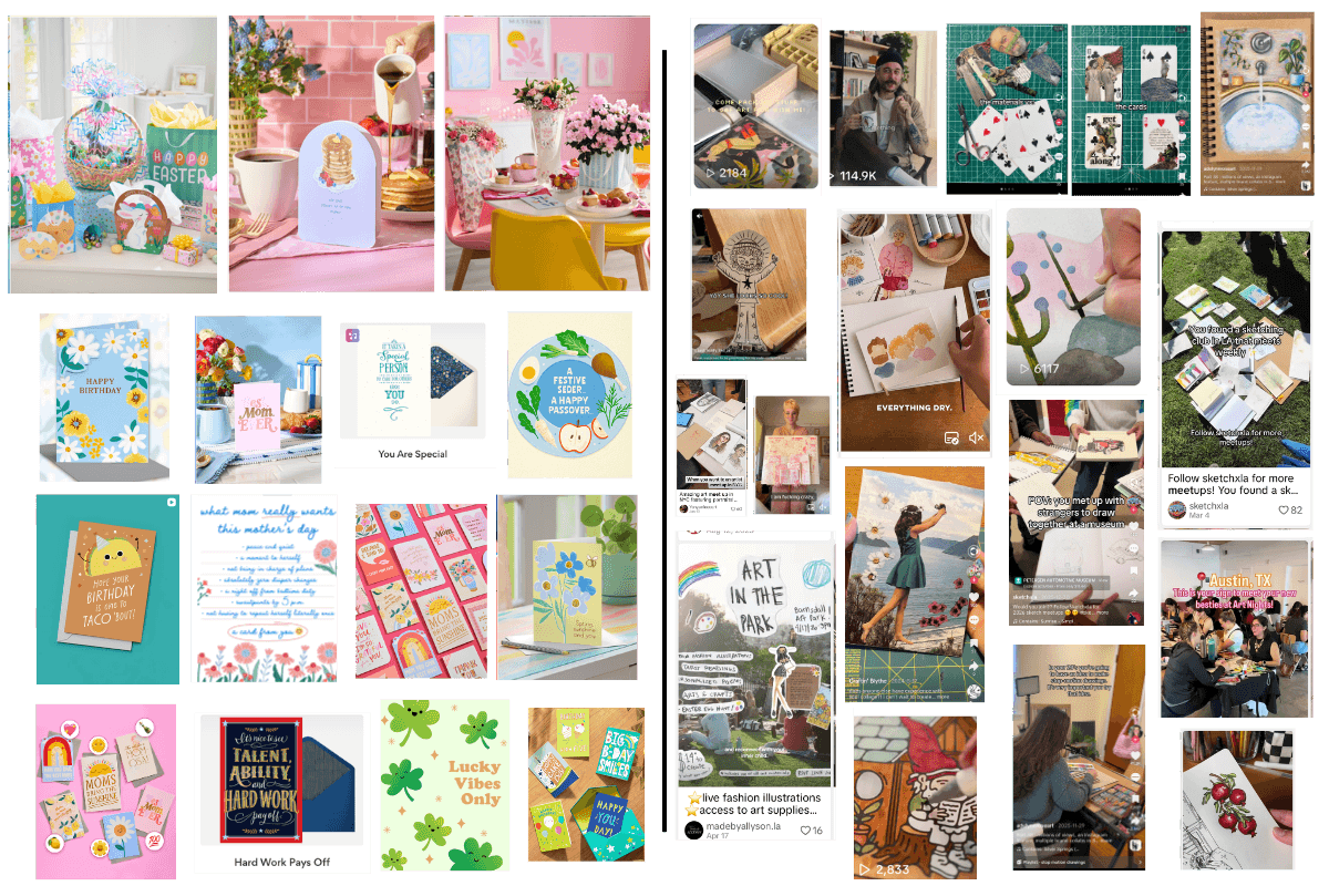 Side-by-side mood board comparing American Greetings' current Instagram aesthetic to the Stamp'd creator series concept.
