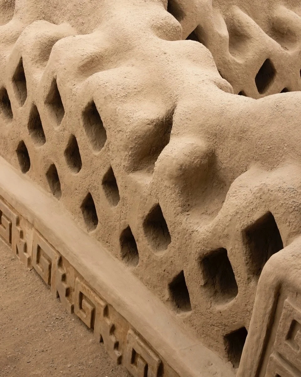 A close-up view of the ancient adobe walls of Chan Chan reveals the intricate geometric carvings and weathered textures shaped by centuries of history. The soft earth tones, repeating patterns, and sculpted surfaces highlight the ingenuity of the Chi