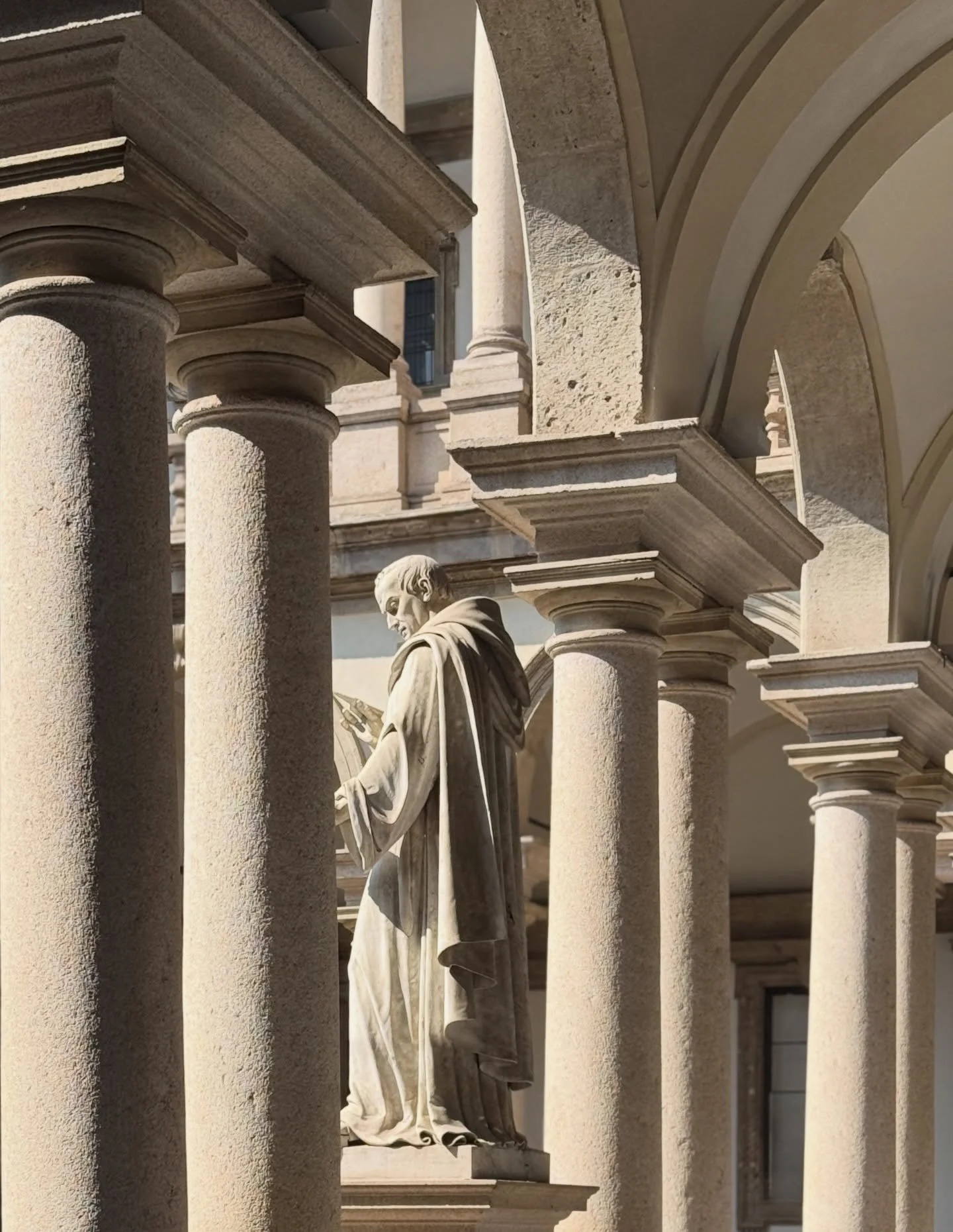 Quiet strength carved in stone.
At the Pinacoteca di Brera, light grazes columns and sculpture alike, revealing time, devotion, and proportion in perfect balance. Milan&rsquo;s classical language feels suspended here&mdash;where shadow, craft, and ar