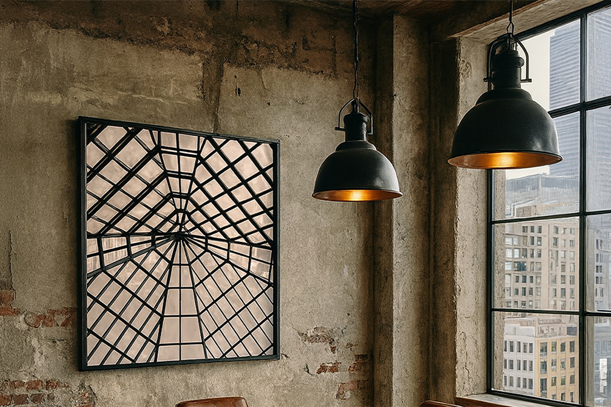 Close-up architectural photograph emphasizing geometric pattern and surface texture, framed and displayed in a raw, industrial interior by Jay Britto.