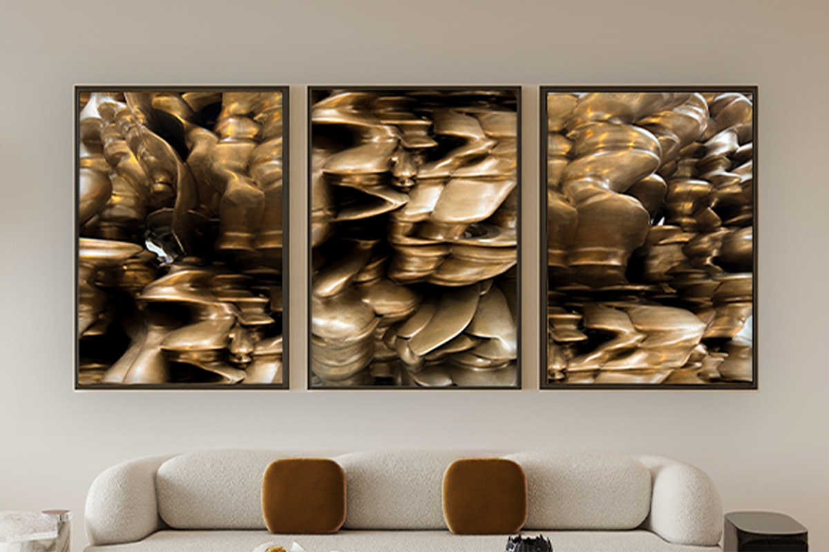 Photograph of sculptural metallic forms arranged as a triptych, framed and displayed within a modern interior environment by Jay Britto.