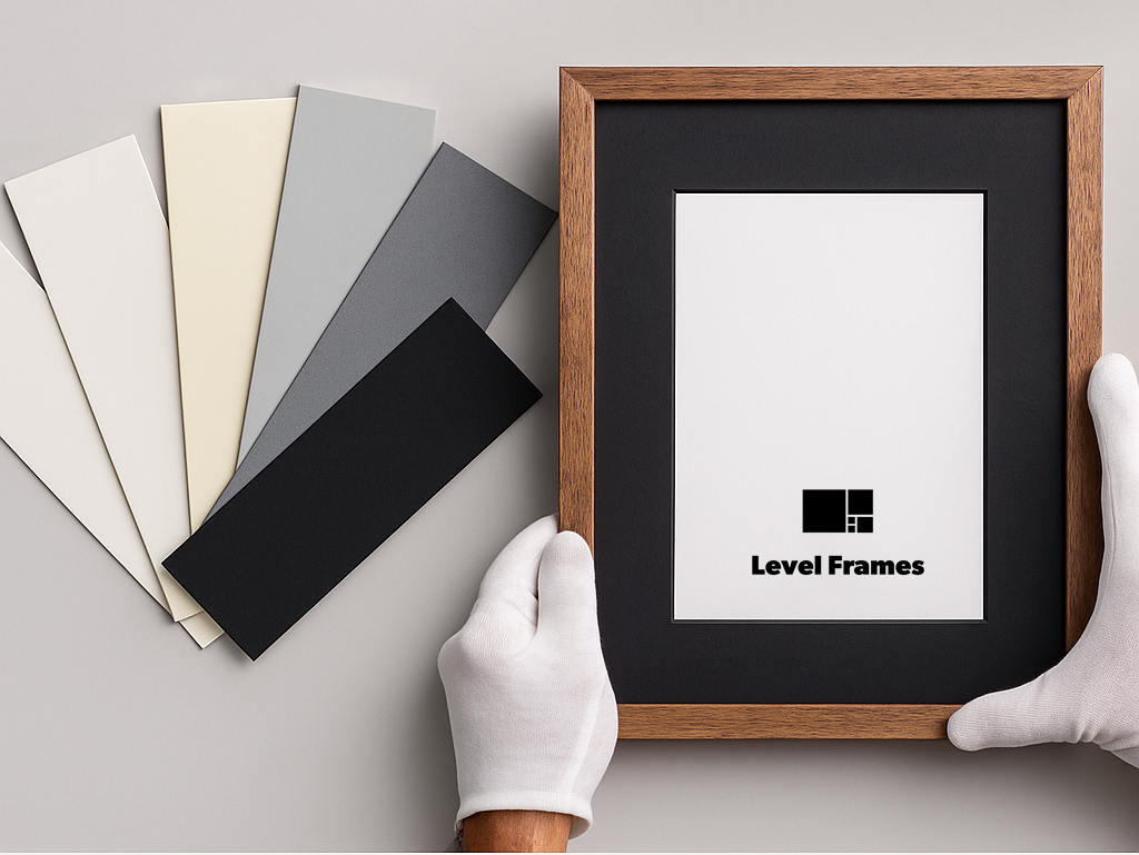 Close-up of different frame samples in various styles and finishes, highlighting customization choices available through Level Frames