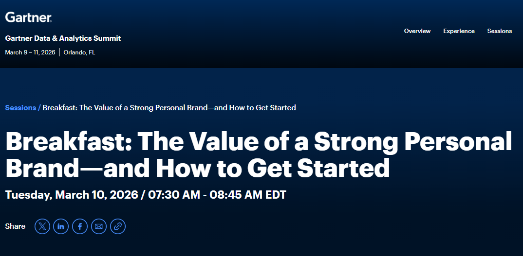Screenshot of a webpage for the Gartner Data & Analytics Summit, including details about a session titled "Breakfast: The Value of a Strong Personal Brand—and How to Get Started," scheduled for March 10, 2026, from 7:30 to 8:45 AM EDT, in Orlando, Florida.