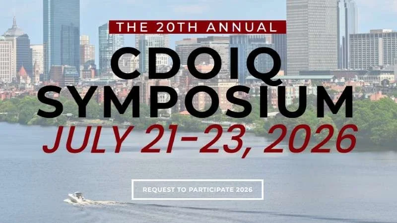 A promotional poster for the 20th Annual CDIQ Symposium, held from July 21-23, 2026, with a city skyline and a boat on a river in the background.