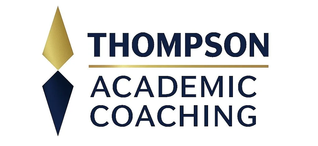 Logo for Thompson Academic Coaching featuring two diamond shapes, one gold and one dark blue, with the business name in navy blue text.