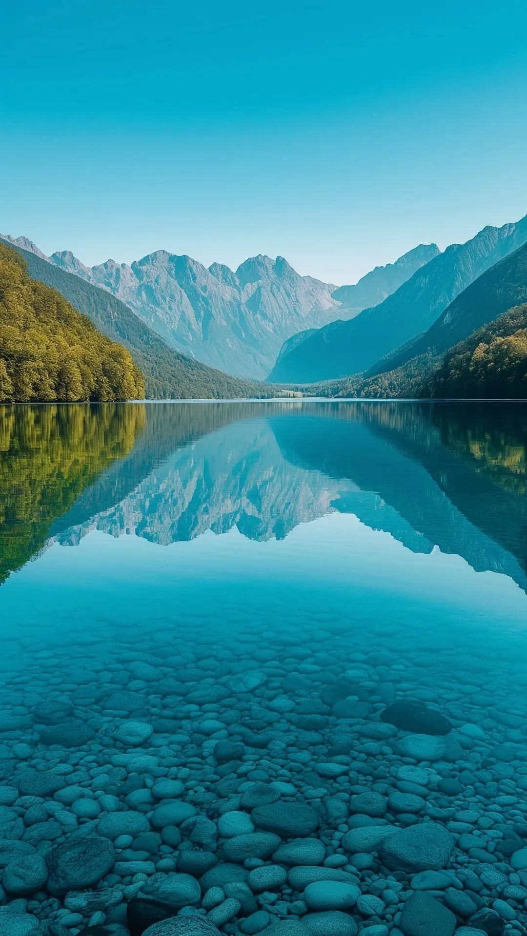 Serene mountain lake with clear water reflecting the surrounding green forested mountains and a bright blue sky.