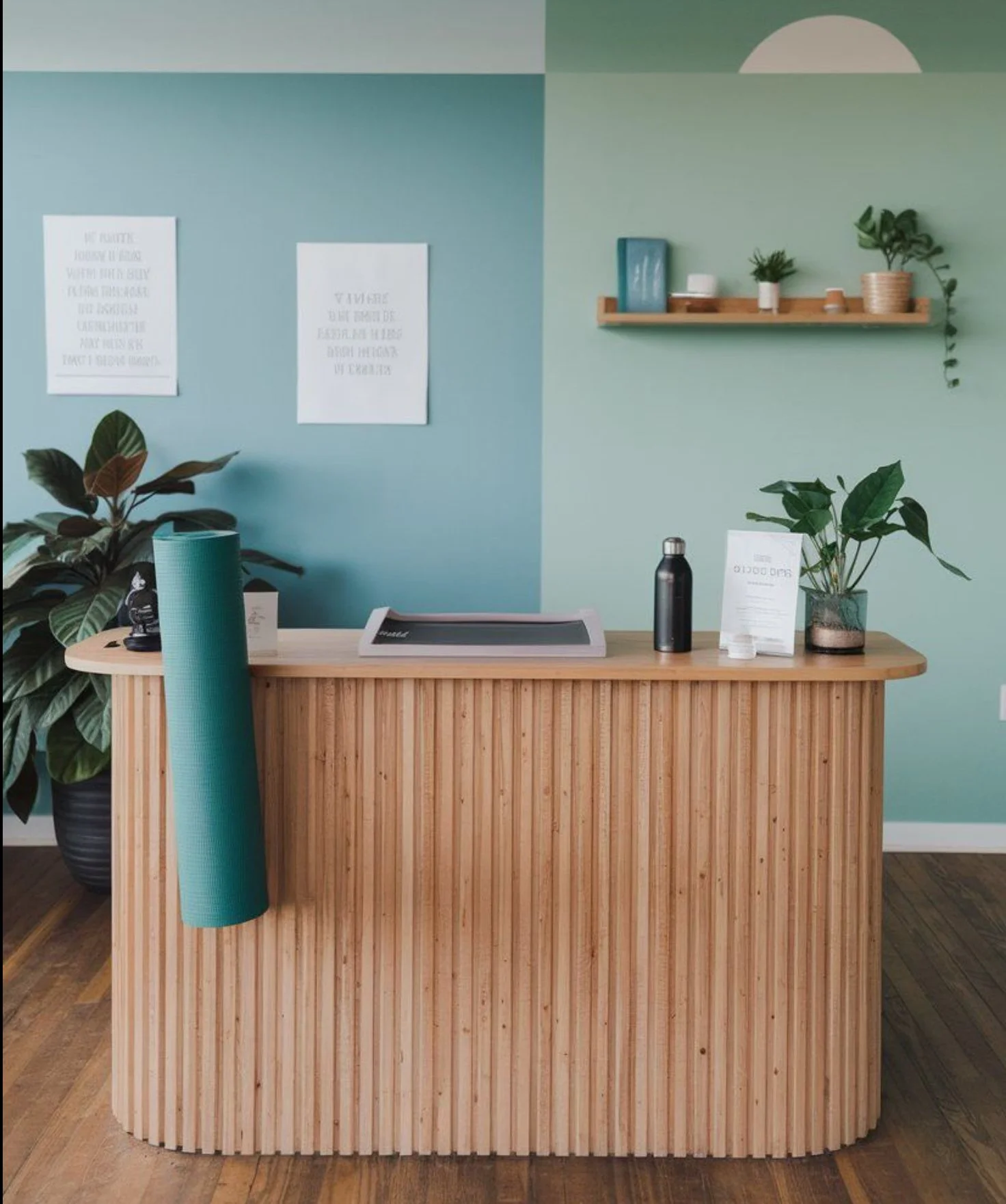 A wooden reception desk with a teal yoga mat hanging over the left side, a large potted plant, a black water bottle, a sign, and some small items. The background features a two-toned blue and green wall with framed quotes and a floating shelf with decorative items and more plants.