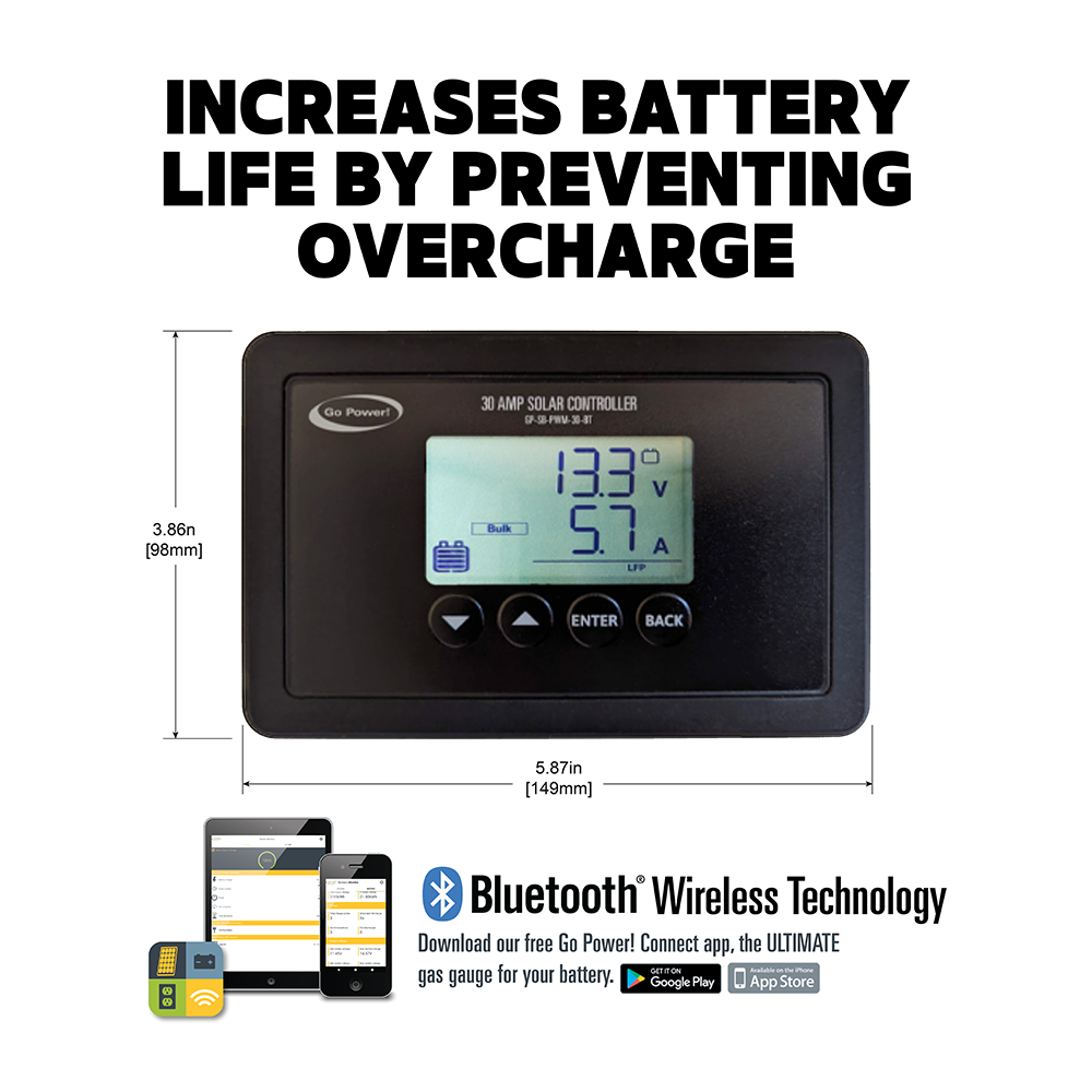Go Power GP-PWM-30-UL solar controller with instruction manual and box