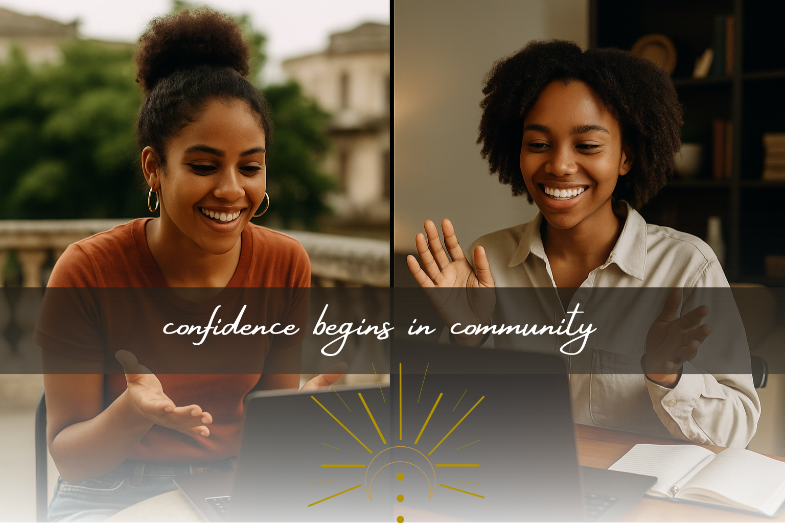 Two women smiling and engaging in conversation in front of a laptop, with the text 'confidence begins in community' overlaid
