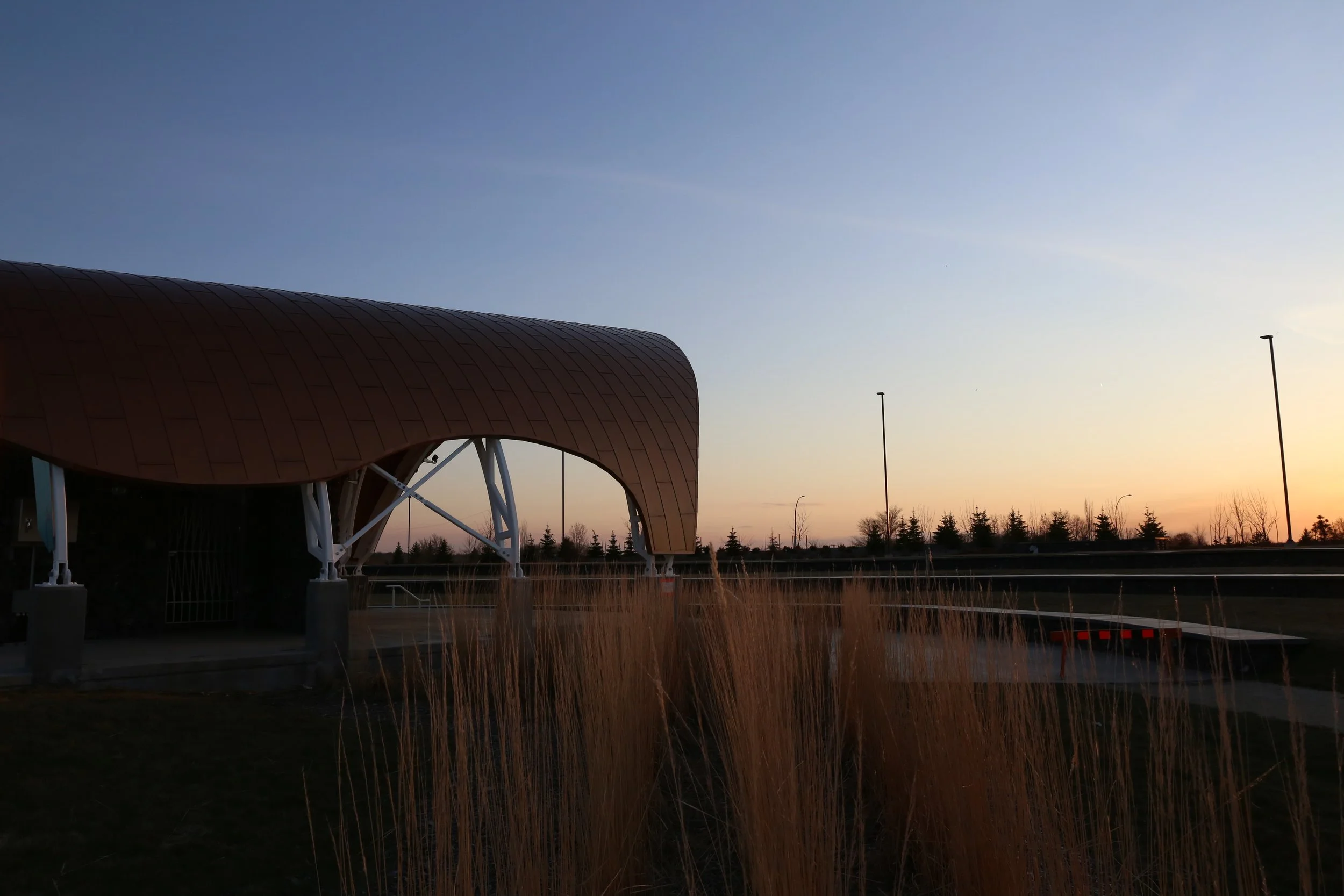 Modern architectural structure with a curved roof, set against a sunset sky with streetlights and trees in the distance; dry tall grass in the foreground.