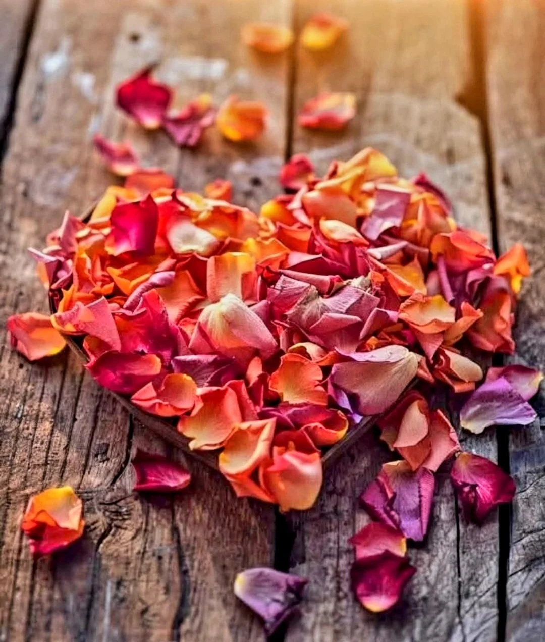 Hart van rozenblaadjes op een houten tafel