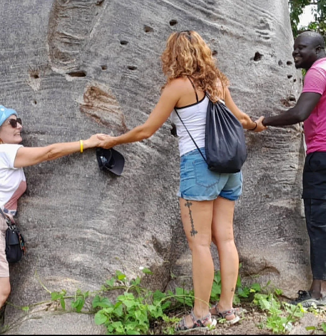 Reizigers bij de Batangworo boom in Abene, Casamance