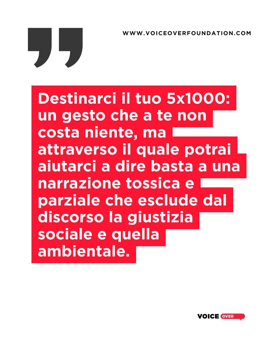 Destinare i tuo 5X1000 &egrave; un'azione senza costi che ti offre l'opportunit&agrave; di supportarci nel contrastare una narrazione dannosa che trascura la giustizia sociale e ambientale.

Inserisci il nostro codice fiscale 97877140158 nella tua di