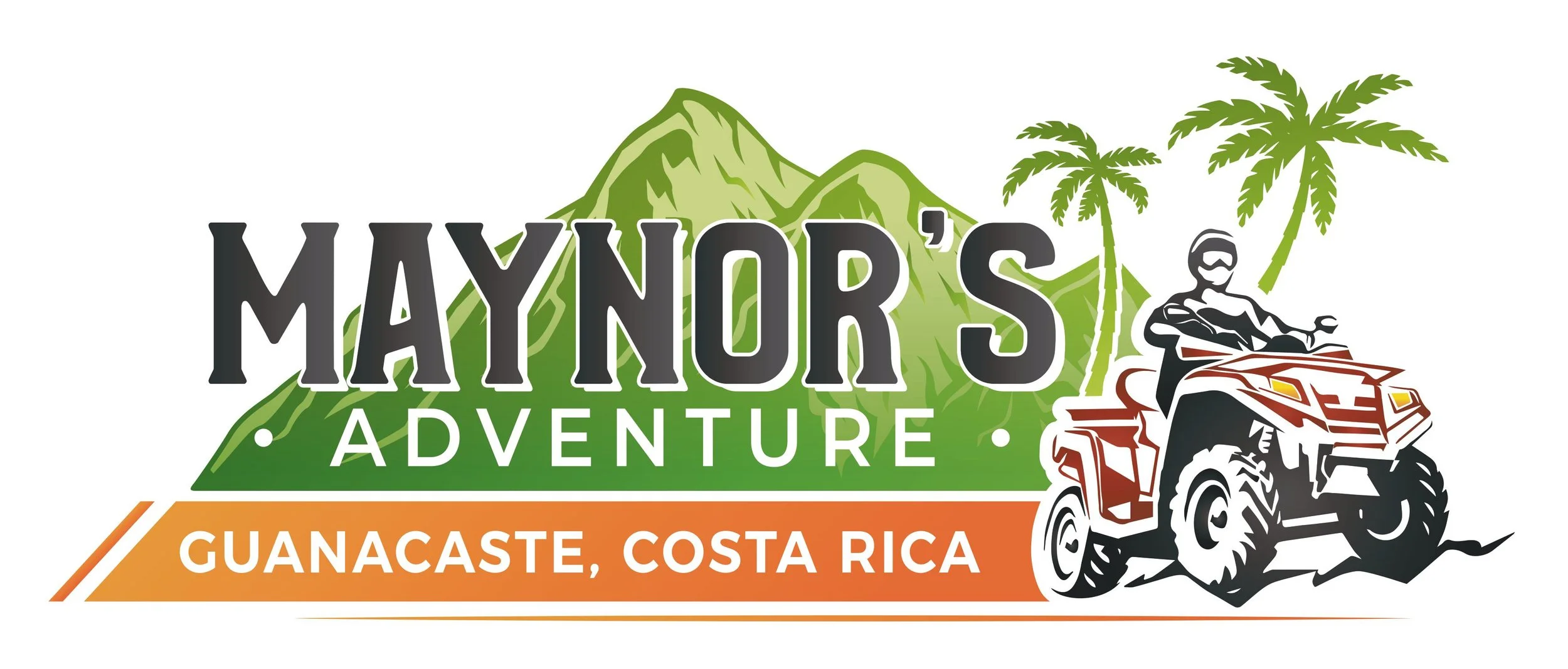 Logotipo de Maynor's Adventure, con montañas verdes, palmeras y una persona en cuatrimoto, y texto que dice 'Guanacaste, Costa Rica' en fondo naranja.