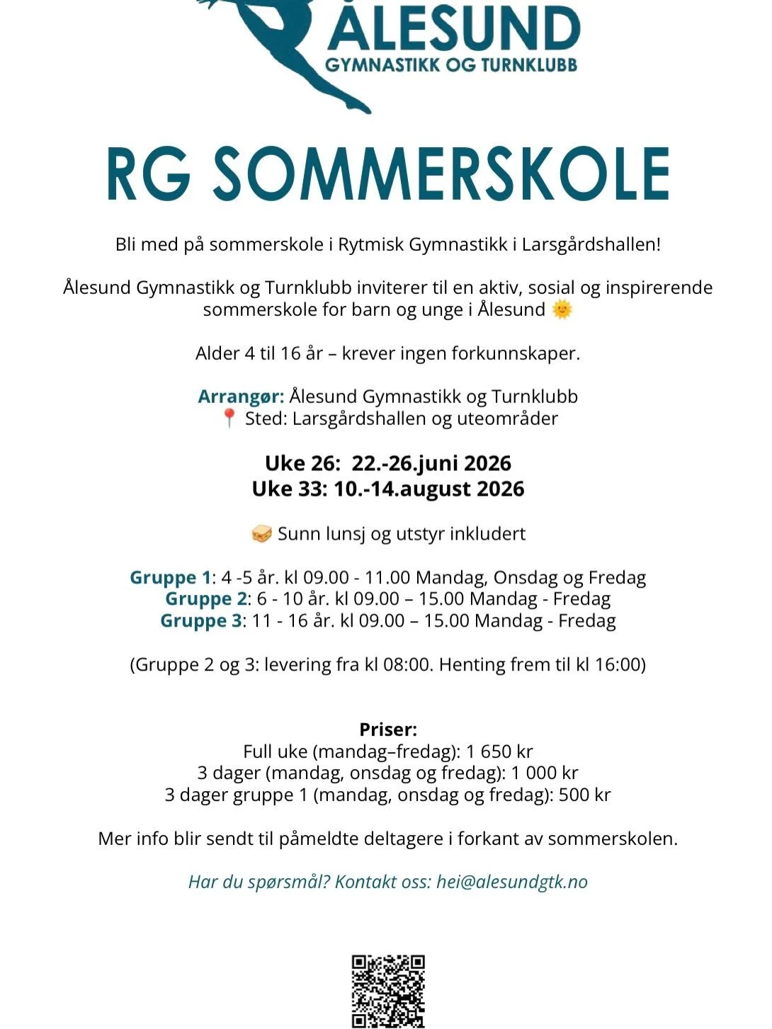 RG SOMMERSKOLE 2026 🌞

I fjor ble sommerskolen v&aring;r en fantastisk suksess med over 100 deltakere &ndash; og vi gleder oss masse til nye uker 🤸&zwj;♀️💚

I l&oslash;pet av uken blir det:
✨ RG-spesifikk trening
✨ Improvisasjon og ulike dansestil