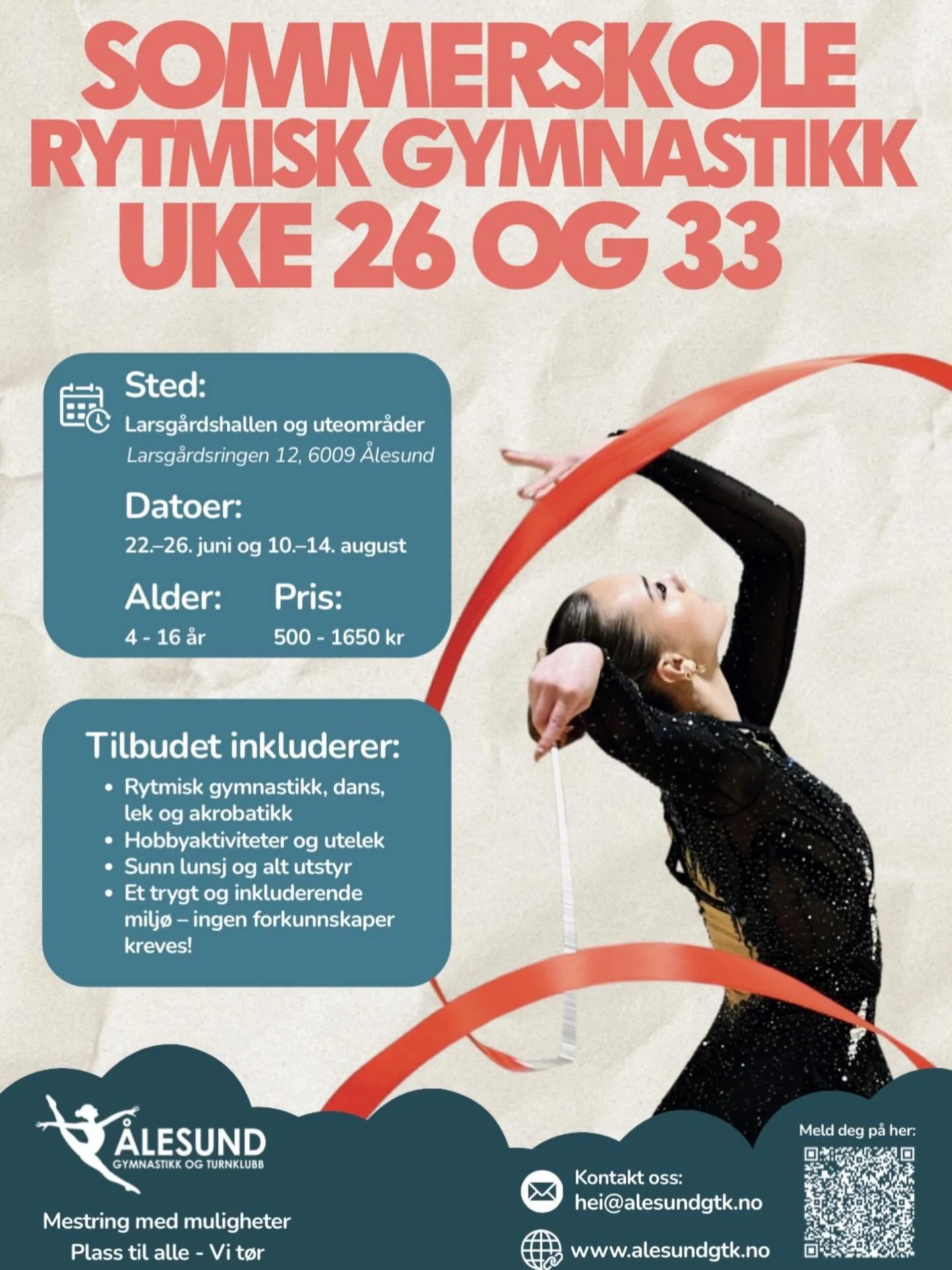 Vi har ledige plasser p&aring; RG sommerskole uke 26 og uke 33 🌸 

Link for p&aring;melding: 
https://club.spond.com/landing/courses/&aring;lesundgymturn/22F740C274CC4CFFAEA927A387D70530/main_products

Ta gjerne kontakt om dere har noen sp&oslash;rs