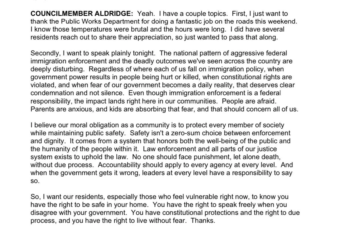 In case you missed it, I shared these remarks at our last council meeting regarding concerns many in our community have been expressing. I&rsquo;m posting the full transcript so you can read exactly what was said.