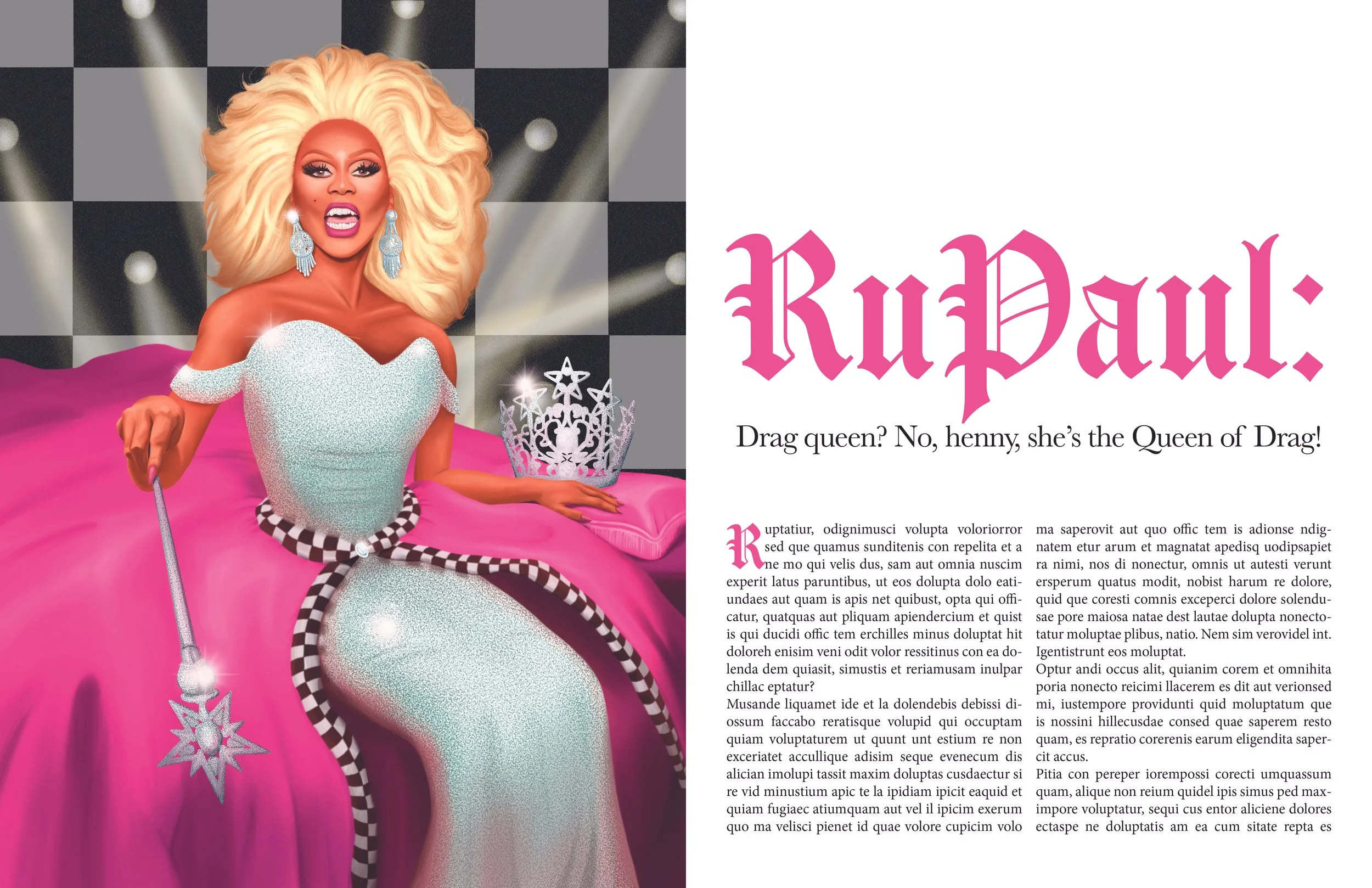 "Mock RuPaul Editorial Illustration" (2025)