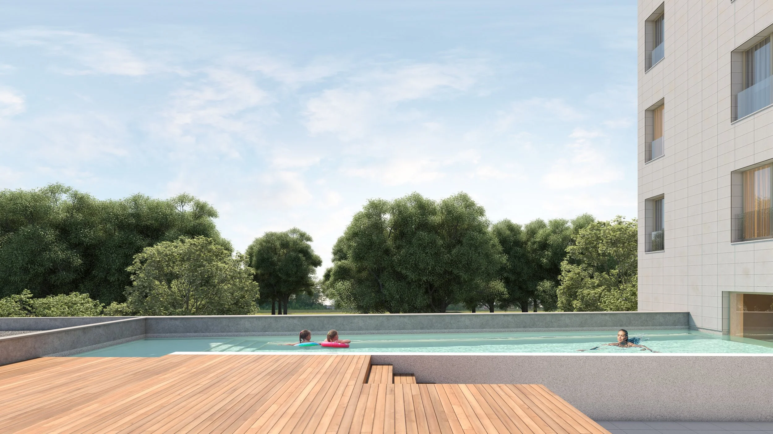 Piscina no terraço de um prédio com pessoas nadando e árvores ao fundo.