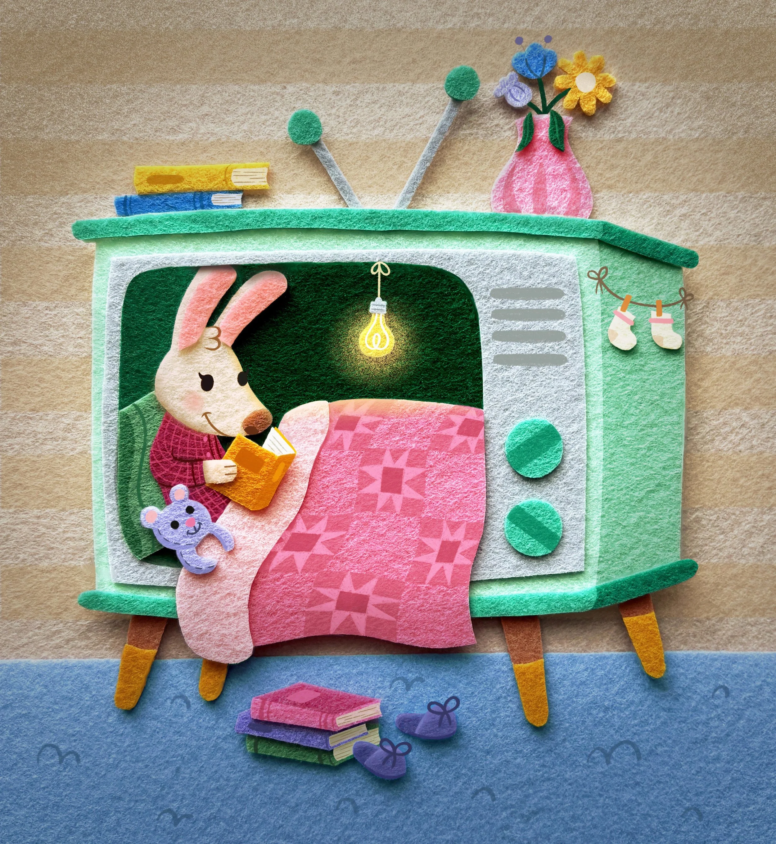 A bunny is cuddled with her purple teddy bear into a bed made from a teal, retro television. She is lit by a single lightbulb as she reads, surrounded by flowers and books.