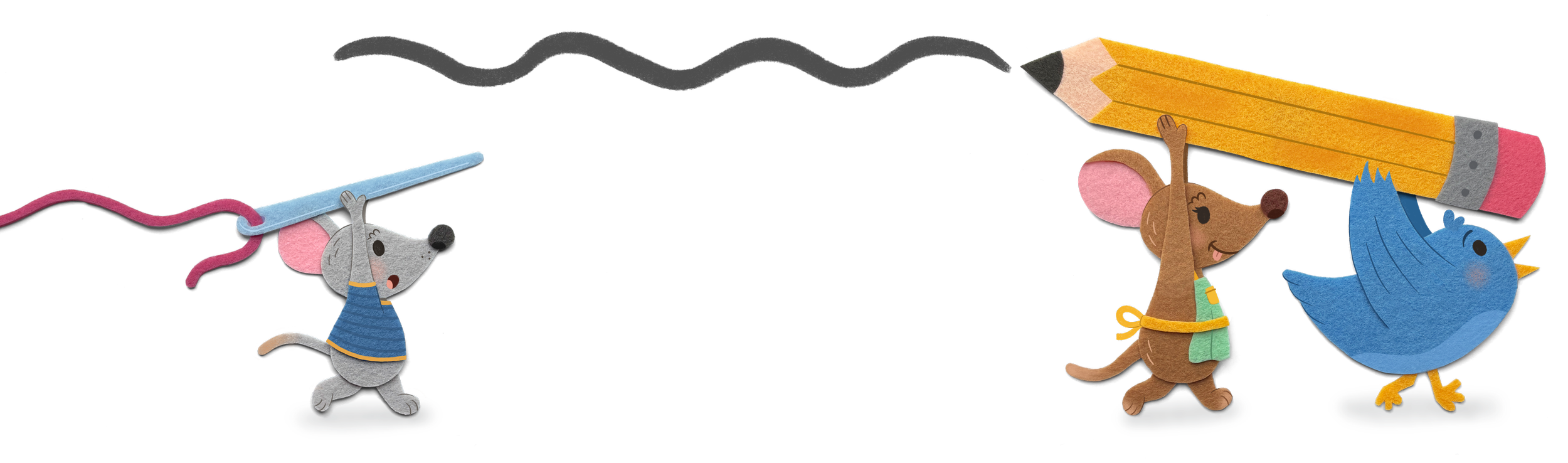 A brown mouse and a blue bird run with a giant pencil above their heads. A smaller, grey mouse runs behind with a sewing needle and threading flying in the wind.