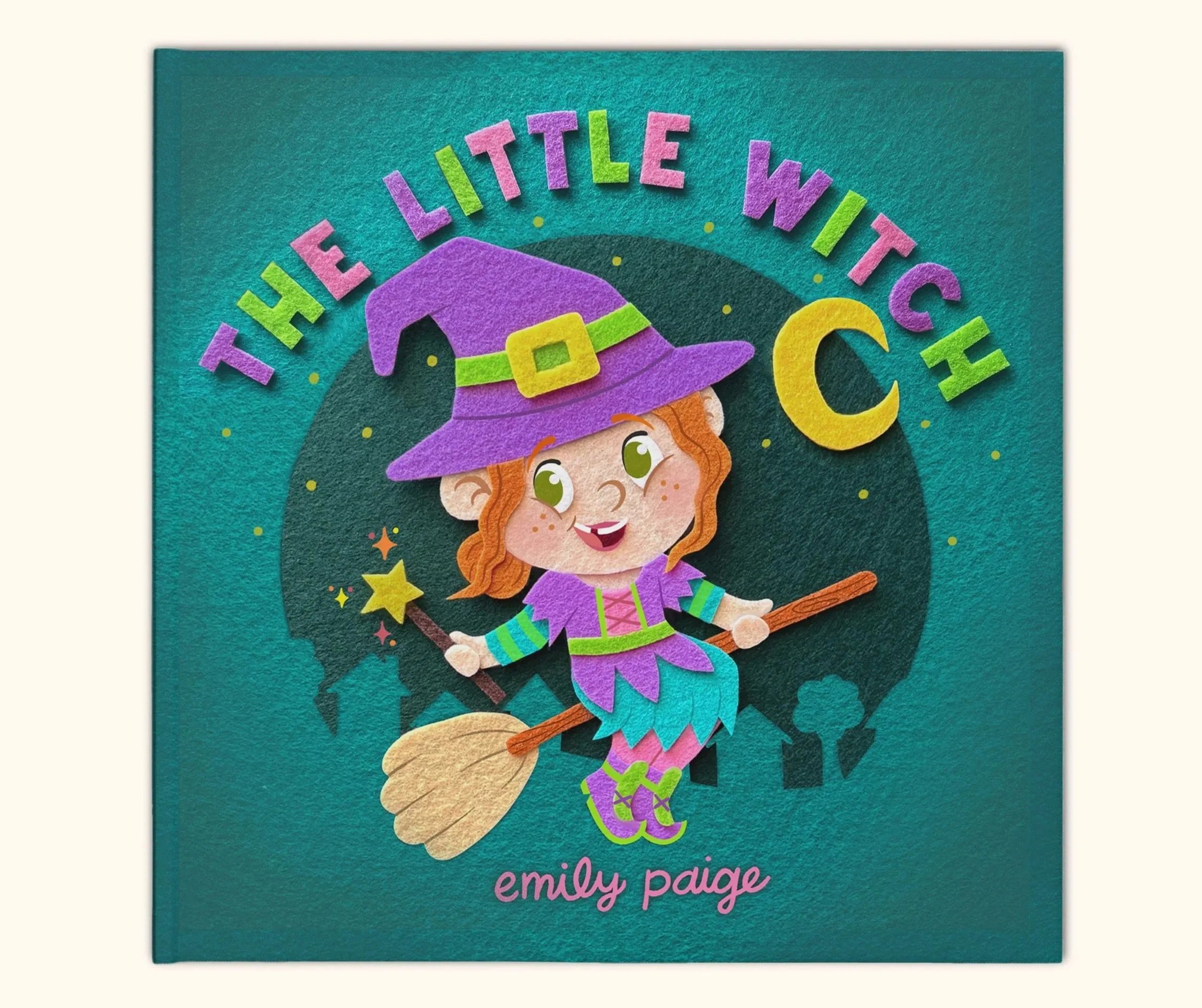 A little witch flies across the night sky on her broomstick. She wears a blue and purple dress with a purple witch hat,