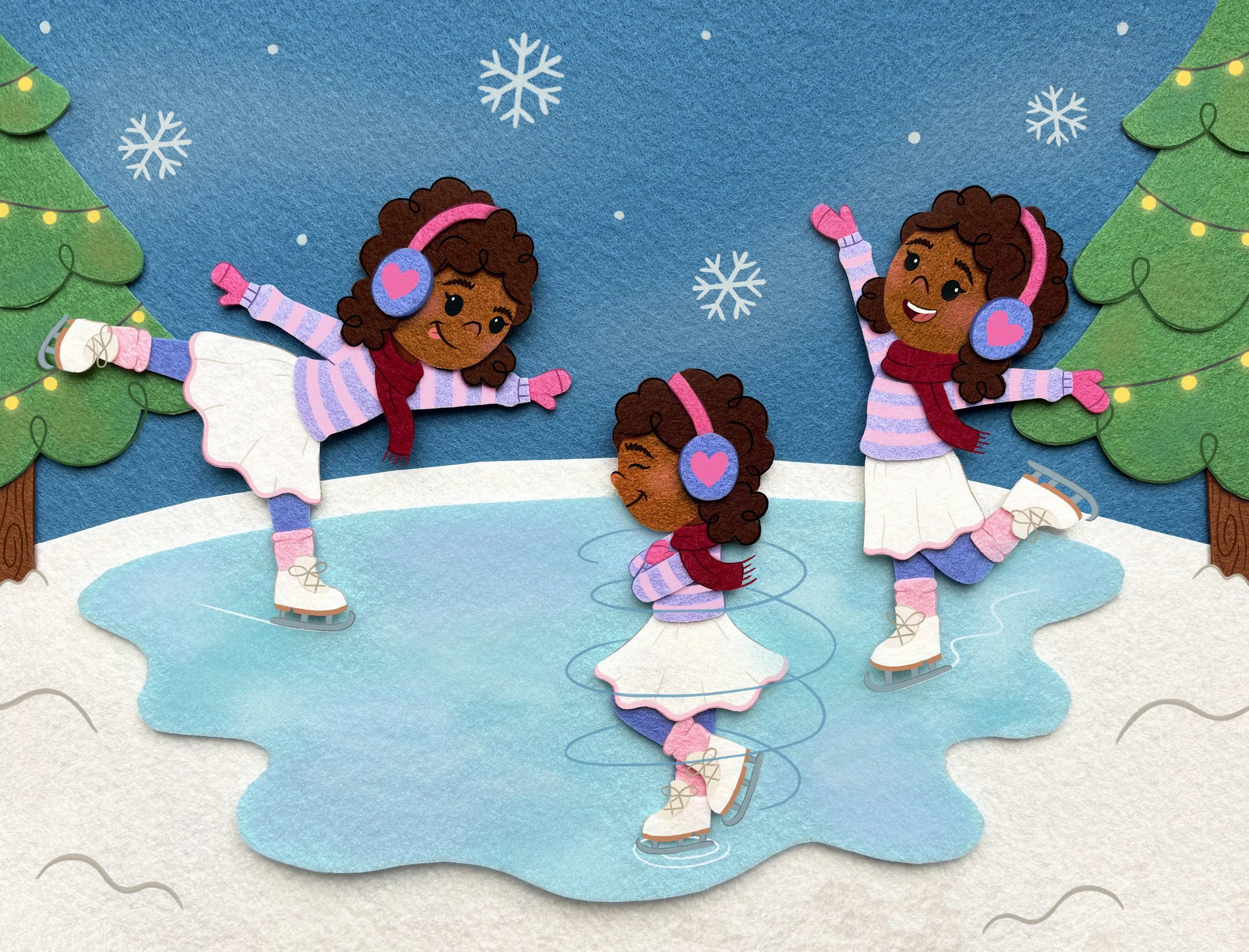A young girl with brown hair and purple winter gear ice skates on a lake in three poses. She is surrounded by trees covered in lights and falling snowflakes.