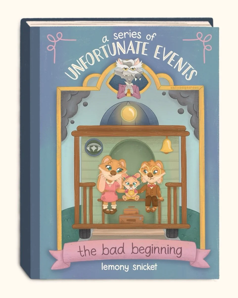 Had so much fun re-imagining what A Series of Unfortunate Events would be like if the characters were all animals! Count Olaf is the perfect wolf, and the Baudelaire children felt right as rabbits. 

I illustrated a new cover, as well as some interio
