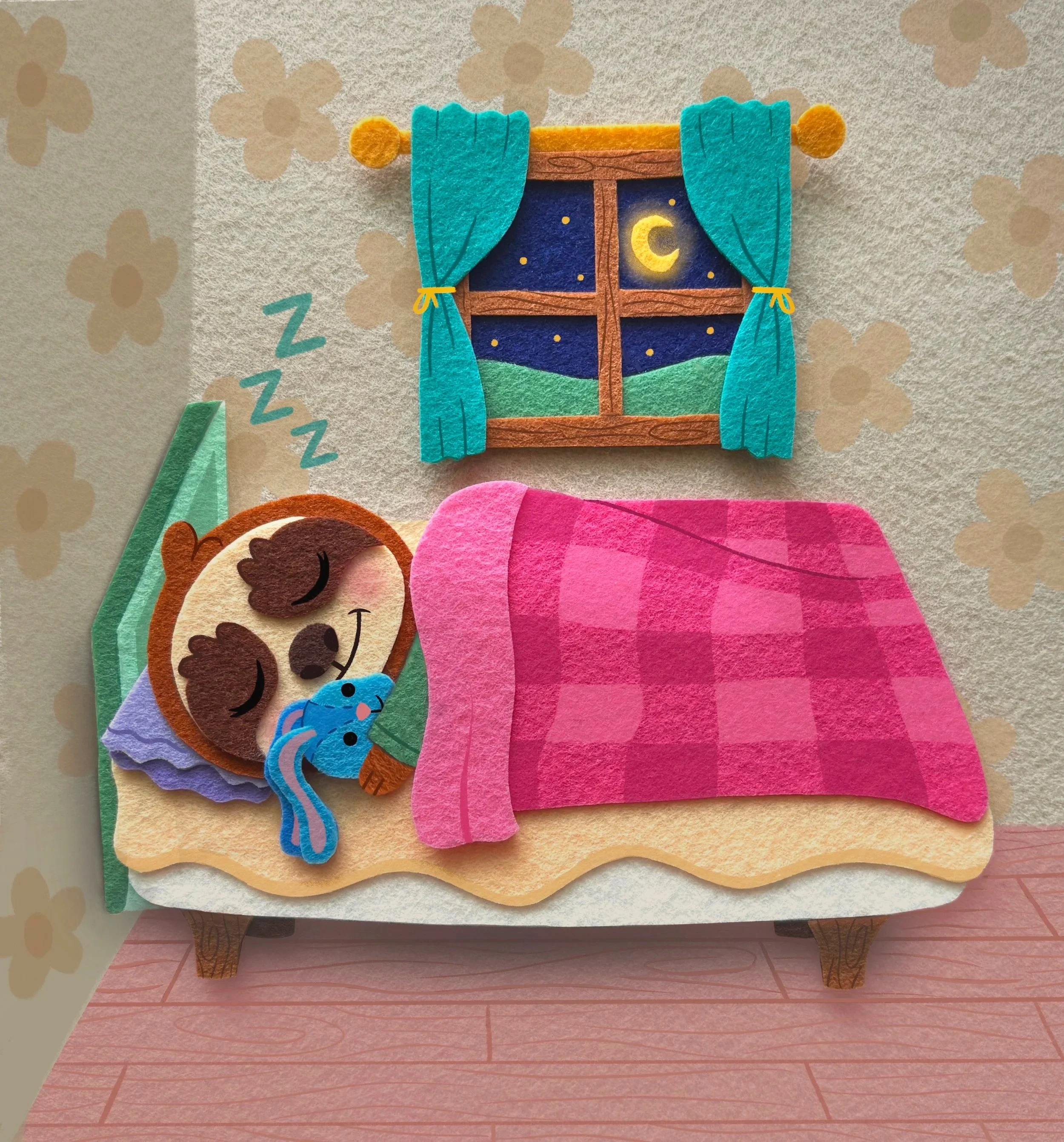 A sloth sleeps in a pink bed cuddling a blue rabbit stuffed animal. A window with teal curtains shows a glowing, crescent moon.