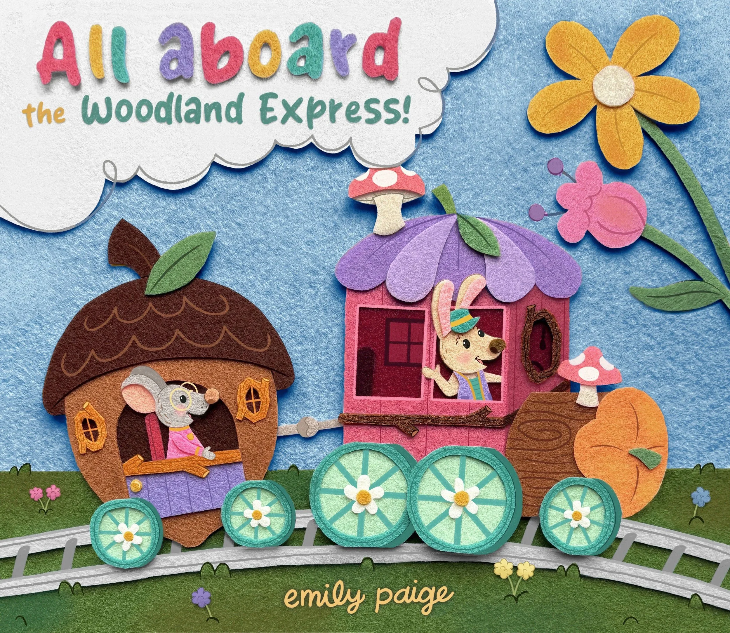 A train made of natural elements and woodland plants drives down a track on a sunny day. A rabbit conductor drives a happy grey mouse to his destination.