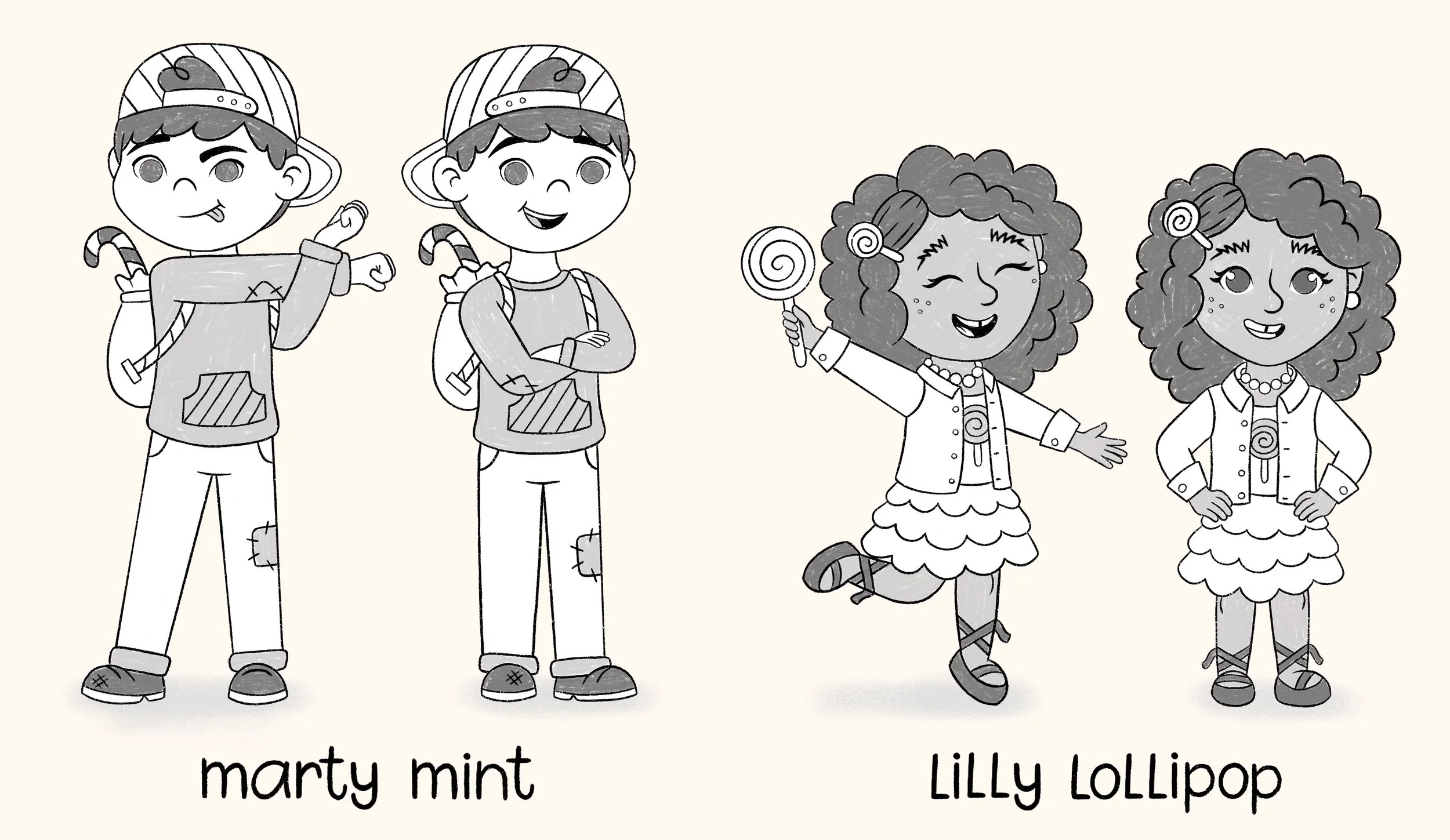 A boy and girl in candy themed outfits and various poses that show off their confident personalities.