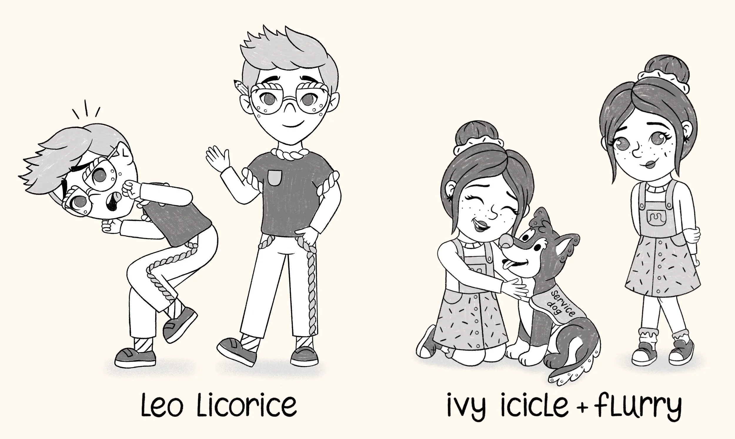 A boy and girl in candy themed outfits and various poses that show off their shy personalities.