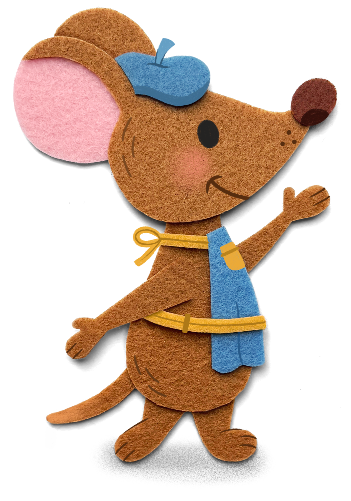 A brown mouse in a blue apron and beret poses with his arms out and a big smile on his face.