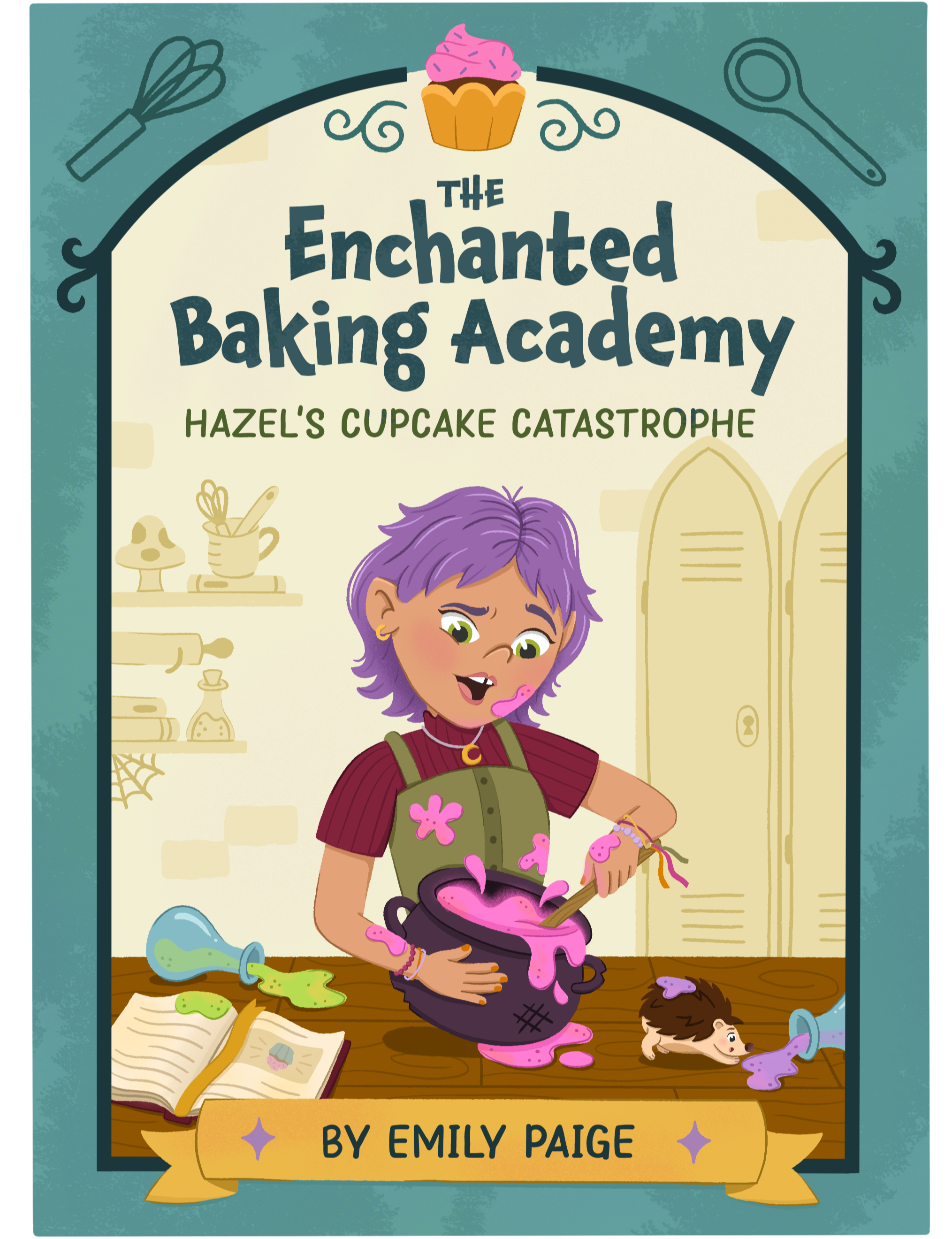 A young witch with purple hair tries to mix pink cupcake batter as it splatters all over her and the room around her.