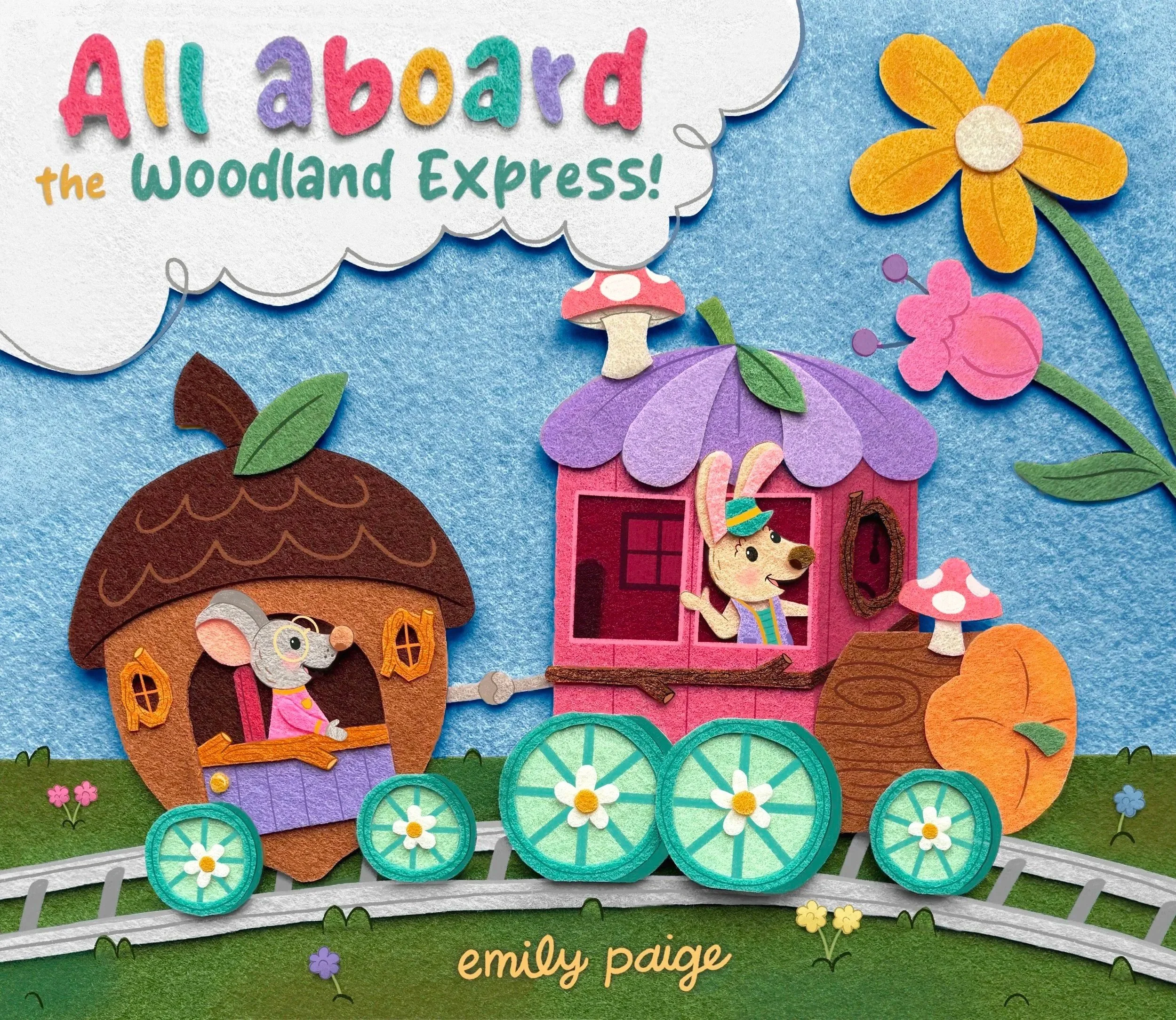 A train made of natural elements and woodland plants drives down a track on a sunny day. A rabbit conductor drives a happy grey mouse to his destination.