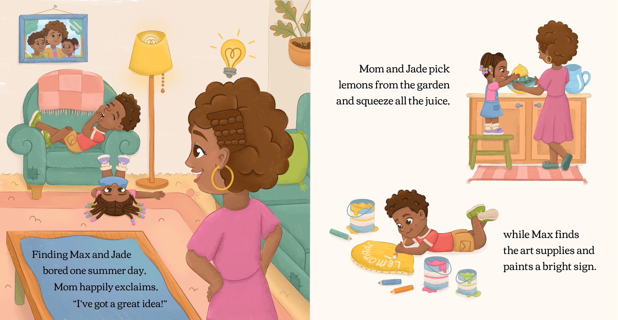 A mother and her son and daughter set up a lemonade stand together. The mother and daughter squeeze the lemon juice while the son paints a sign.