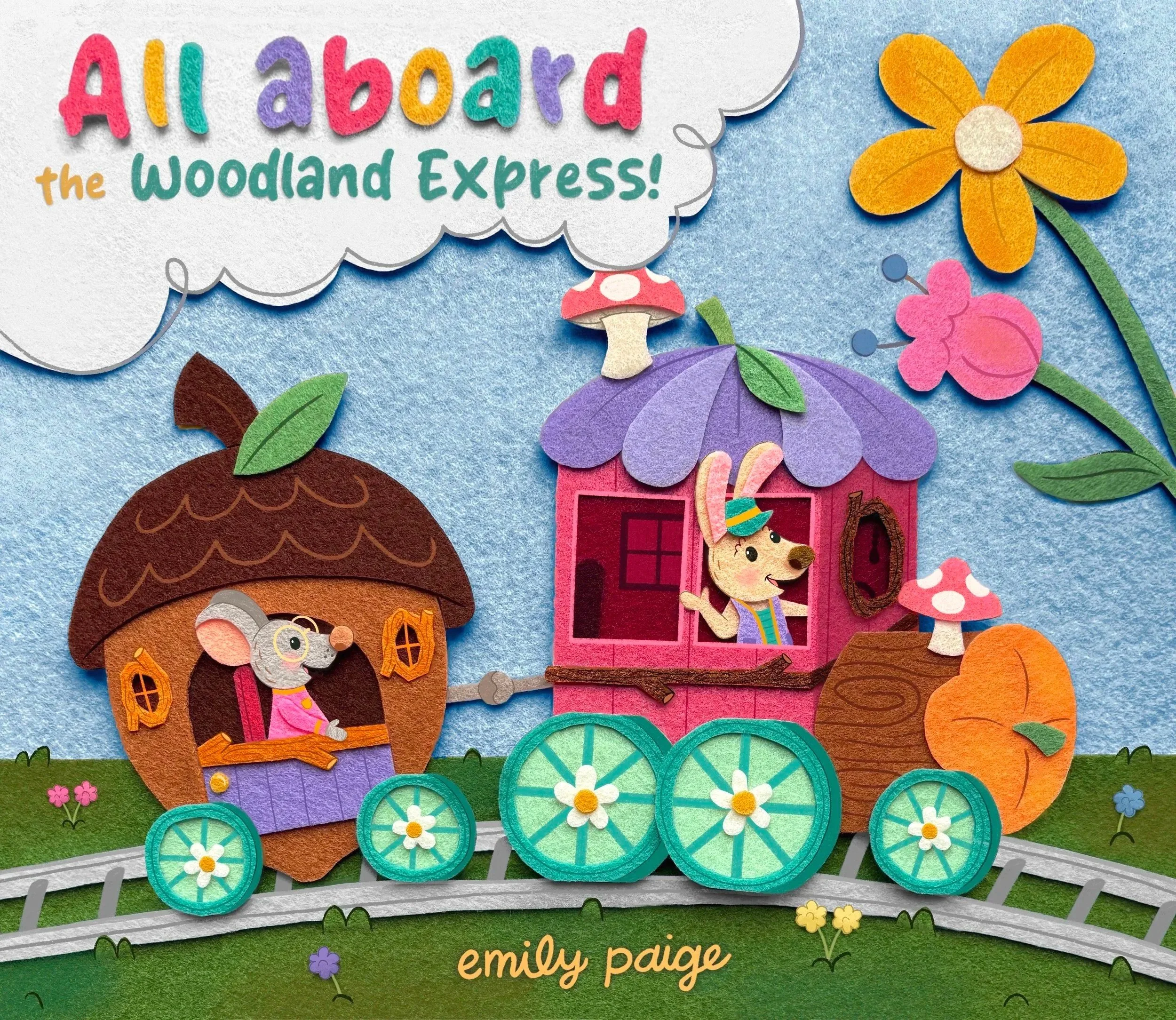 A train made from elements of nature such as flowers, mushrooms, and acorns chugs through the grass and giant flowers. Driven by a rabbit conductor, a mouse enjoys the ride from his train car. The book title appears in the smoke from the train.