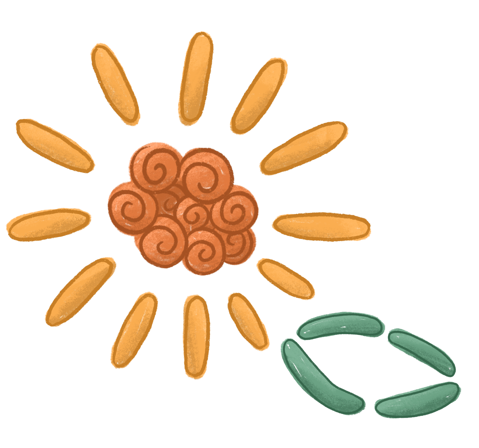 A flower embroidered with yellow and orange thread.